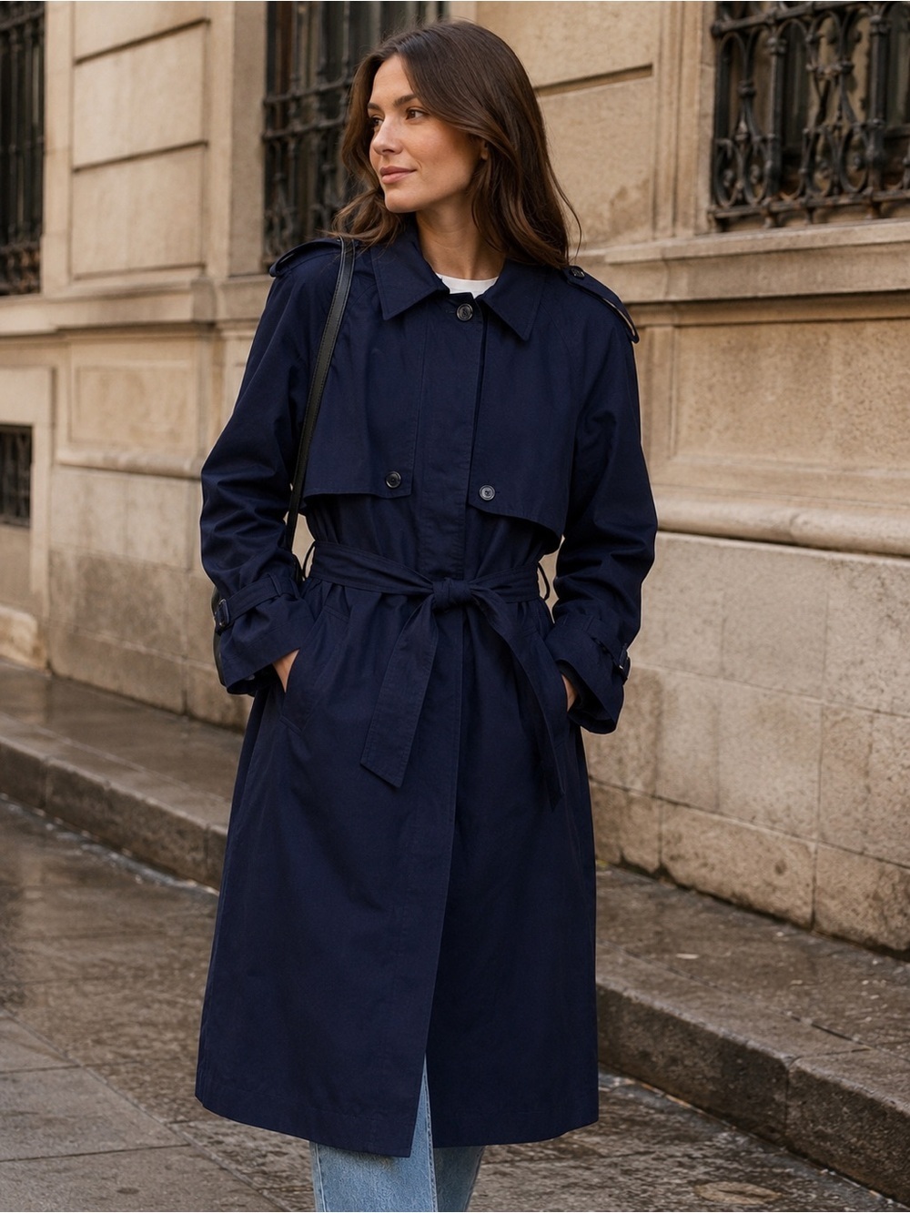Image Navy Belted Trench Coat Size L or XL Classic Minimalist Outerwear